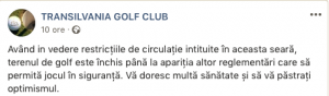 Comunicat Transilvania Golf Club golf in contextul covid19