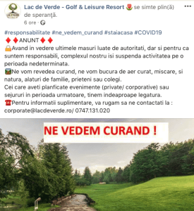 Comunicat Lac De Verde golf in contextul covid19